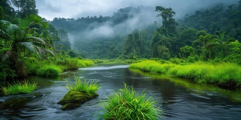 Wall Mural - tranquil nature view featuring meandering river through lush grassy landscape beauty with green tree