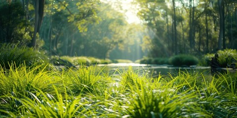 Wall Mural - tranquil nature view featuring meandering river through lush grassy landscape beauty with green tree