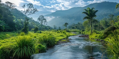 Wall Mural - tranquil nature view featuring meandering river through lush grassy landscape beauty with green tree