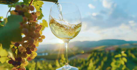 Wine glass with poured white wine and vineyard landscape of sunshine