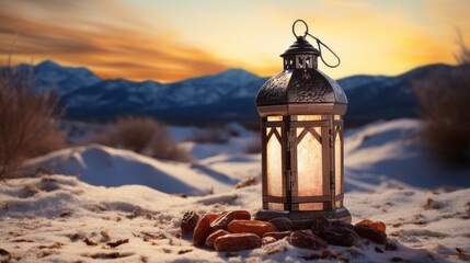 Wall Mural - Islamic lantern in snow desert with dates fruit