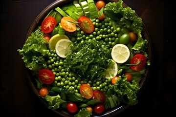 Top-down view of a fresh green salad with vegetables. Concept Food Photography, Fresh Salad, Green Vegetables, Top-Down View