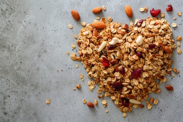 Healthy nutrition granola in a heart shape on grey table, healthy eating, homemade food, love for granola concept.