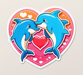 two blue dolphins with pink hearts in the background. The background is a light orange, pink, and purple gradient