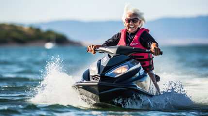 Senior woman on Jet Ski, Tropical Ocean, Vacation Concept