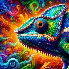 Close-up of Chameleon ,Generative AI ,Chameleon Sitting ,nature ,reptile ,lizard ,dragon , animal ,green , branch ,illustration .