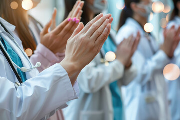 Wall Mural - Group of medical professional clapping and celebrating teamwork support for healthcare 