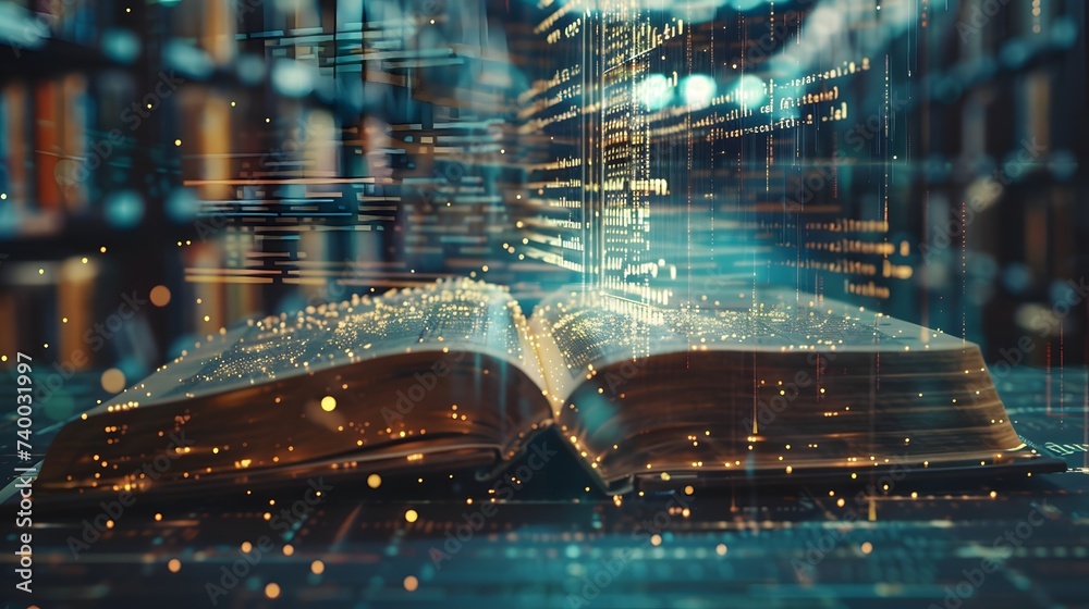 AI in Education. Digital book opening, with AI code and interactive ...