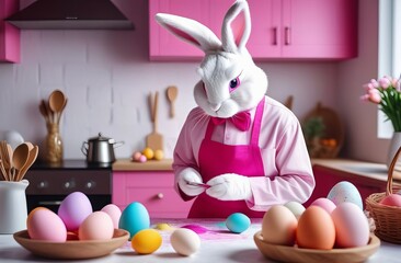 Wall Mural - The Easter bunny in a kitchen apron paints Easter eggs pink. Preparation for Easter