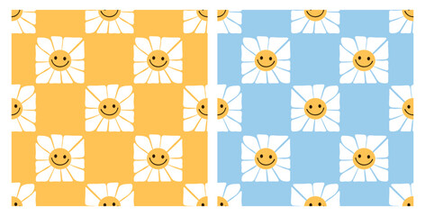 Wall Mural - Seamless pattern with retro daisy cartoon on yellow and blue backgrounds vector illustration.