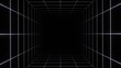 3d retro futuristic black and white abstract background. Cube square Wireframe neon laser swirl grid lines with stars. Retroway synthwave videogame sci-fi tunnel