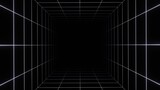 Fototapeta Fototapety przestrzenne i panoramiczne - 3d retro futuristic black and white abstract background. Cube square Wireframe neon laser swirl grid lines with stars. Retroway synthwave videogame sci-fi tunnel