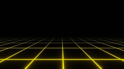 Wall Mural - 3d retro neon yellow abstract grid background with laser lines. Synthwave videogame style. Vj futuristic sci-fi 80s 90s y2k wireframe net. Disco landscape	
