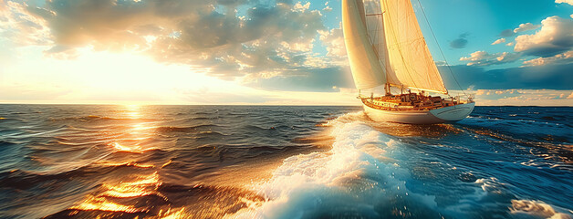 Wall Mural - Sailboat at sunset on calm sea with golden light reflecting on water