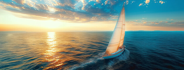 Wall Mural - Sailboat at sea during golden sunset, panoramic view with vibrant sky and calm ocean.