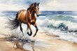 © organik - Oil painting horse running beach, oil painting artwork.