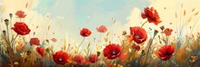 Horizontal Seamless Background With Red Poppies On A White Background.