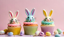 Easter Cupcakes With Easter Bunny And Colorful Eggs On Pink Pastel Background.Generative AI