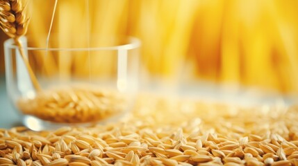 Poster - Close-up of freshly harvested wheat grains. Quality control of grain crops in the laboratory.