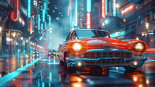 Classic 60s Cars Equipped With Modern Electric Engines And AI Navigation Systems Cruising In A Futuristic Cityscape