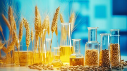 Poster - Close-up of various wheat varieties and ears in glass flasks. Grain analysis of Genetically modified wheat in the laboratory. Quality control of grain crops, Plants with chemicals and pests.