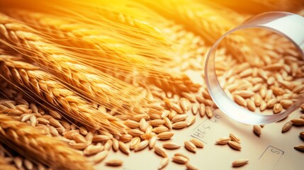 Poster - Close-up of freshly harvested wheat grains with ears in the sunlight.