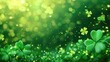 Vibrant green background with sparkling shamrocks and bokeh lights.