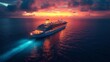 Cruise Ship Luxury: An elegant shot of a luxury cruise ship at sea during sunset, featuring deck lights and the vast expanse of the ocean