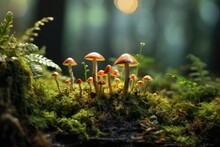 Orange Mushrooms Growing On Forest Moss. Macro Nature Photography.