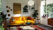 a guest room with a mid century modern sofa in mustard yellow, creating a retro inspired ambiance
