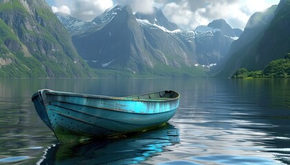 Wall Mural - a small blue boat is floating in the middle of the water with mountains behind it