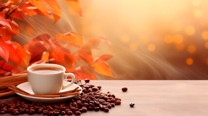 Poster - autumn fall background with orange cup of hot coffee