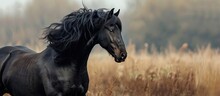 A Welsh Part Bred Black Stallion Standing Majestically In A Field Of Tall, Green Grass. The Horse Is Strong And Graceful, With Its Shiny Coat Glistening In The Sunlight.