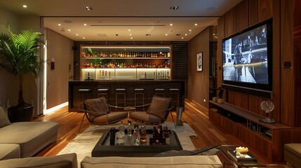 Wall Mural - a TV lounge with a sleek bar cart, stocked with refreshments for movie nights or game days