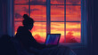 Silhouette of Person Working on Laptop at Sunset
