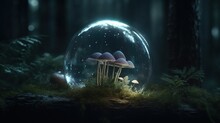 Glass Orb Containg A Magical Glowing Neon Magical Mushroom In A Dark 