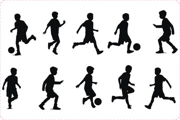 Wall Mural - Black silhouettes of Kids Playing Soccer, Set of Kids playing soccer vector, Soccer players