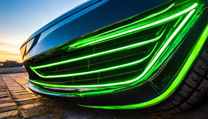 Wall Mural - The grill of a sports car comes alive in a closeup shot neon green lights illuminating the sleek and aerodynamic contours.