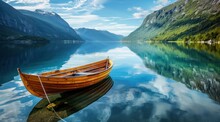 A Wooden Boat Floating On A Calm Lake In Norway,