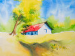 Watercolor painting of Indian village, one house with forest background and yellow paddy field foreground. Indian watercolor painting made with paints and brush. Indian watercolor of rural landscape.