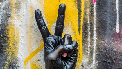 Grunge graffiti on a wall with two fingers painted in black. Spray painted graffiti of hand gesture V sign for victory