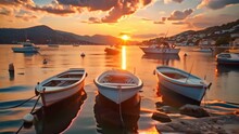 Small Boats On Calm Water, Moored In The Harbor During Sunset.