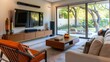 A contemporary TV lounge with a sleek media console featuring built in cable management systems for a clutter free look