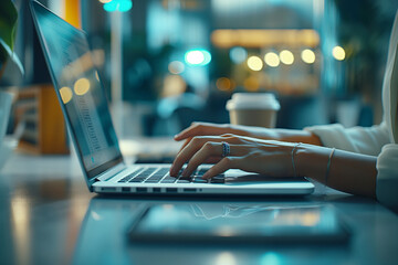 Poster - Close-up of female hands typing on a modern laptop in an office setting, symbolizing technology use.