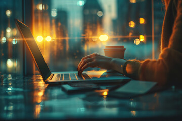 Poster - Close-up of female hands typing on a laptop with the evening city lights and sunset in the background.