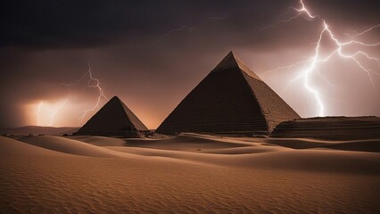 Wall Mural - pyramids in the desert _A dramatic scene of a pyramid and lightning, creating a contrast of light and dark.  