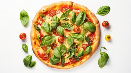 Wall Mural - Colorful pizza ingredients. Tomatoes, cheese, chilli peppers and basil leaves on white background, top view, free space