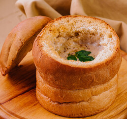 Wall Mural - dumplings with basil and cream of mushroom soup