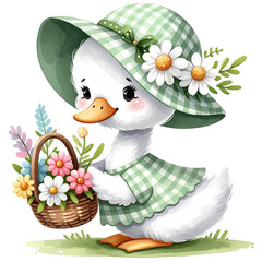 Wall Mural - Adorable cartoon duckling wearing a flower hat, emerging from a decorated egg amidst spring blooms.