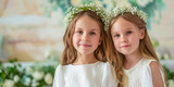 Fototapeta  - little girls on white dress and and wreath on first holy communion
